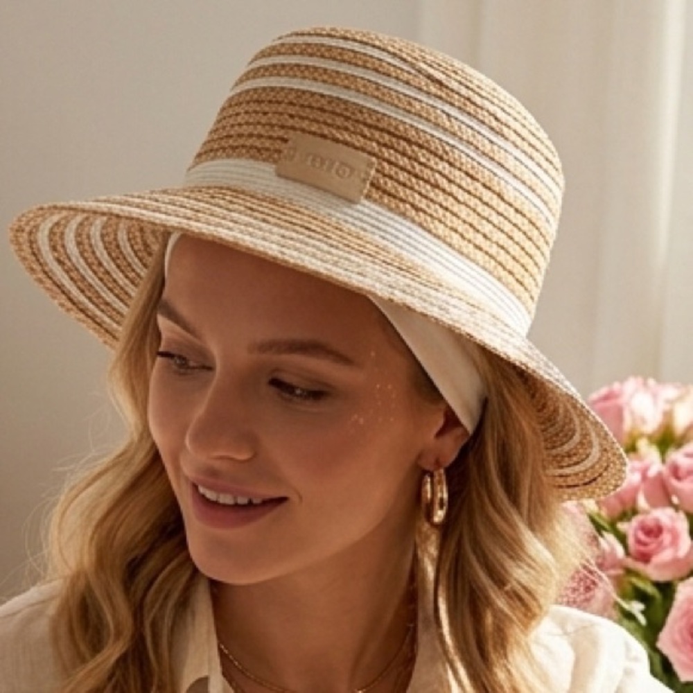 Catarzi Women’s Woven Straw Bucket Summer Hat with White Trim